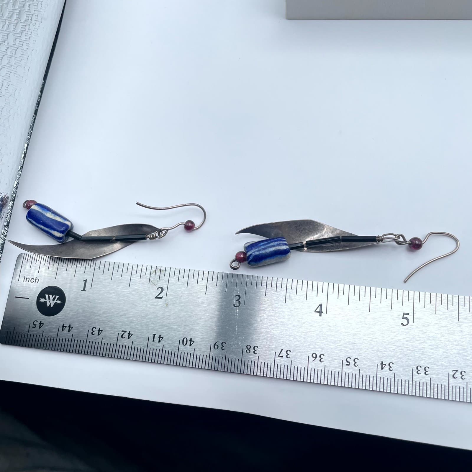 Handcrafted Silver-Tone Seed Beads Blue White Striped Leaf Dangle Drop Earrings - Thumbnail 2