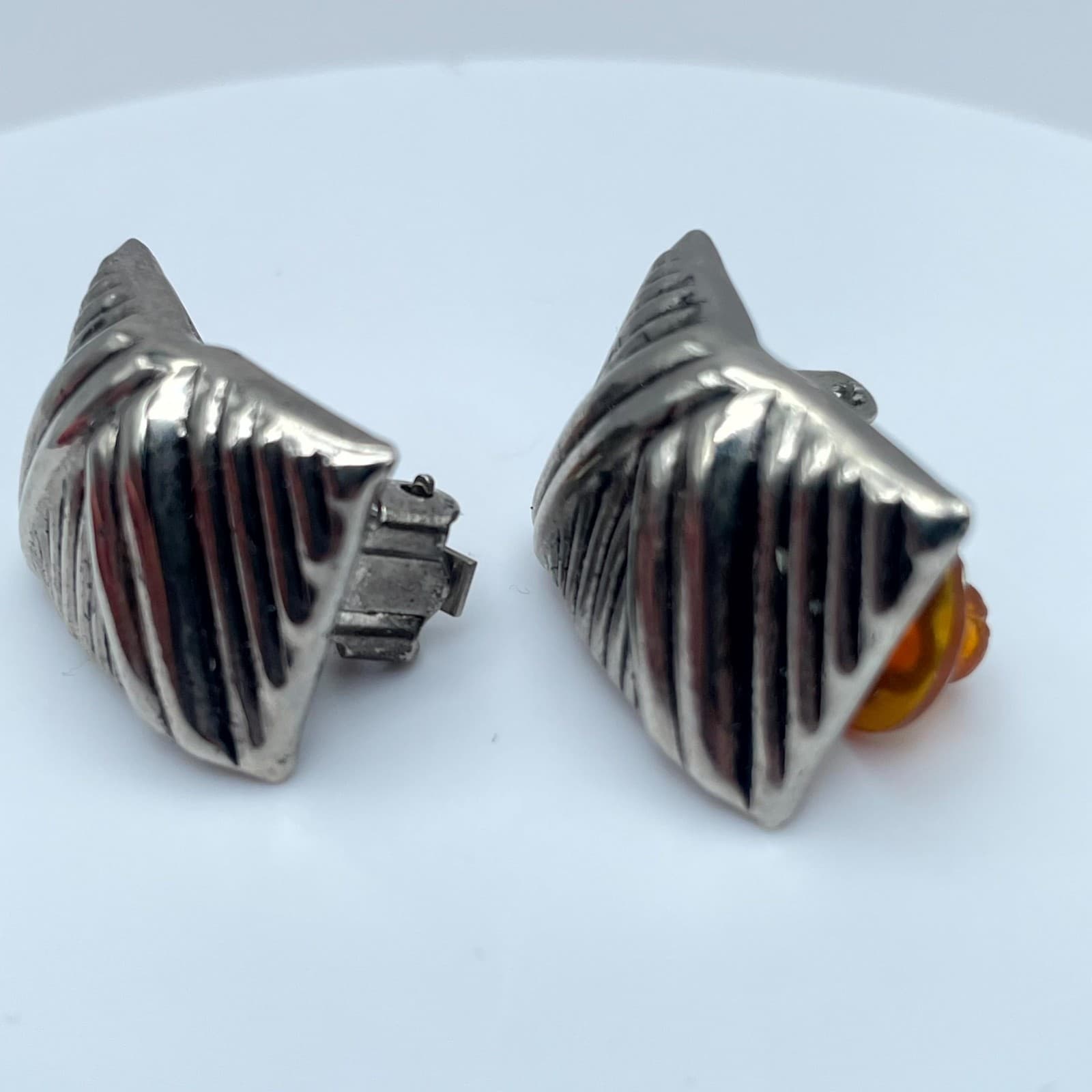 Vintage Silver-Tone Square Shaped Textured Engraved Metal Stud Clip-On Earrings - Thumbnail 8