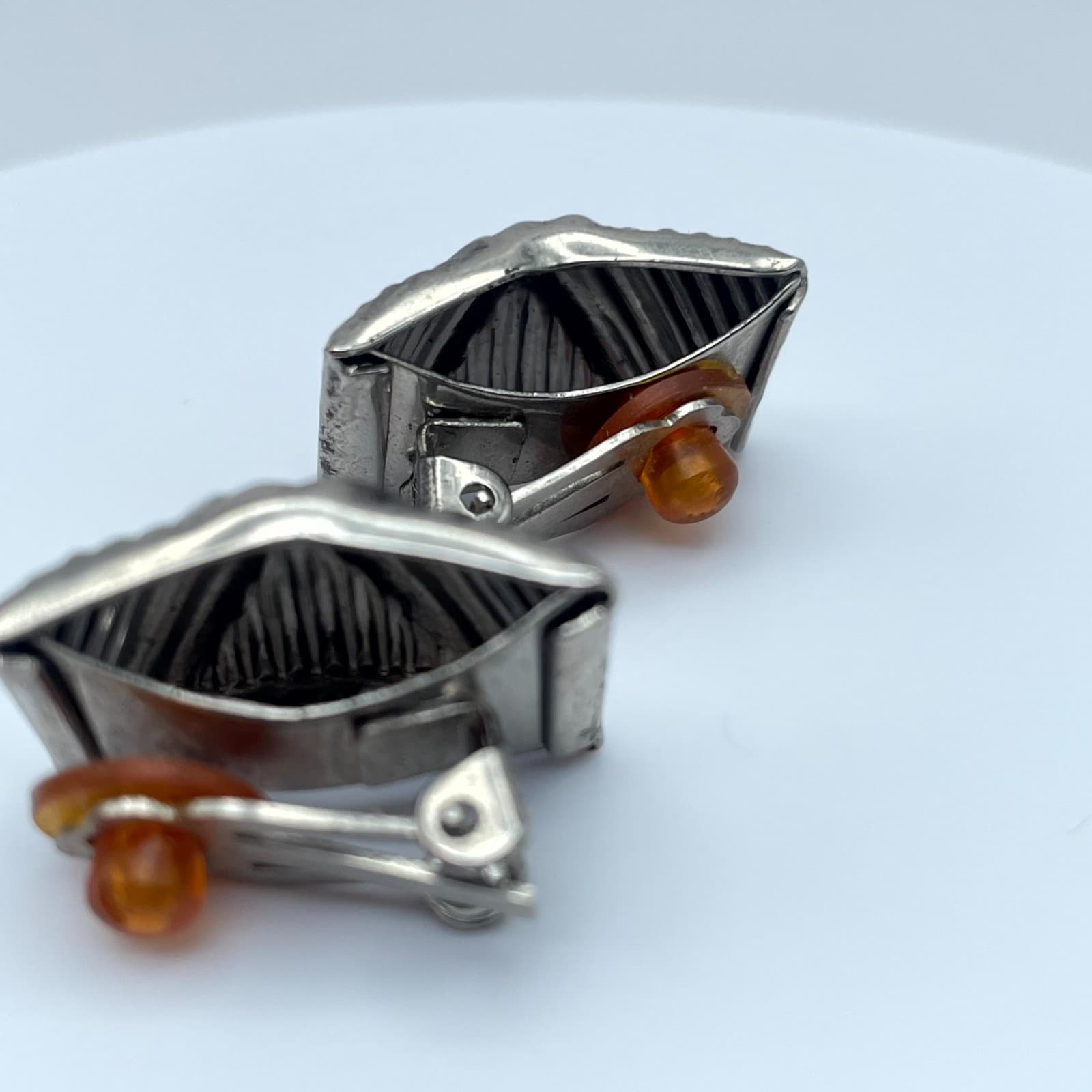 Vintage Silver-Tone Square Shaped Textured Engraved Metal Stud Clip-On Earrings - Thumbnail 10