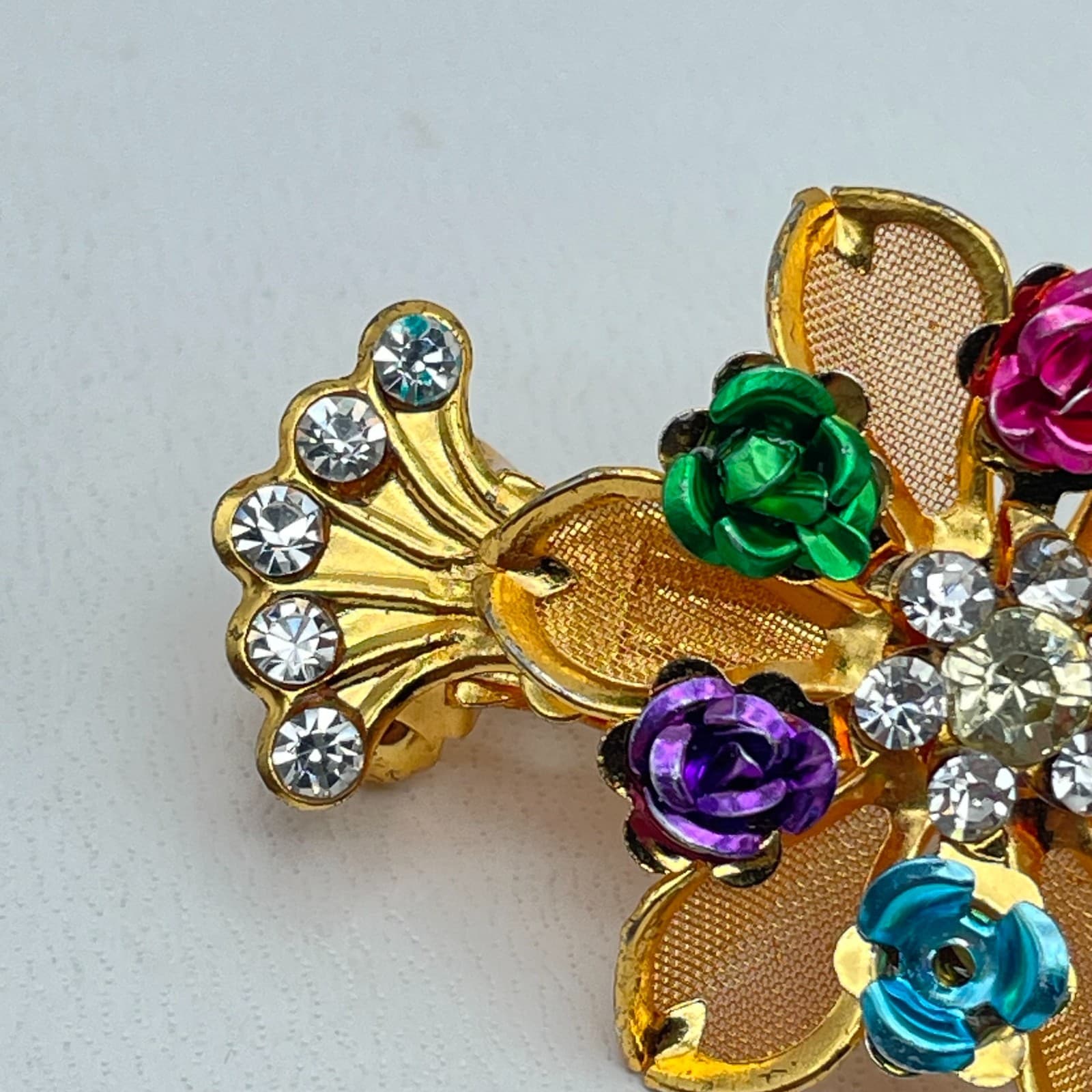 Vintage Gold-Tone Enamel Roses Rhinestone Embellished Petal Floral Hair Barrette - Thumbnail 6