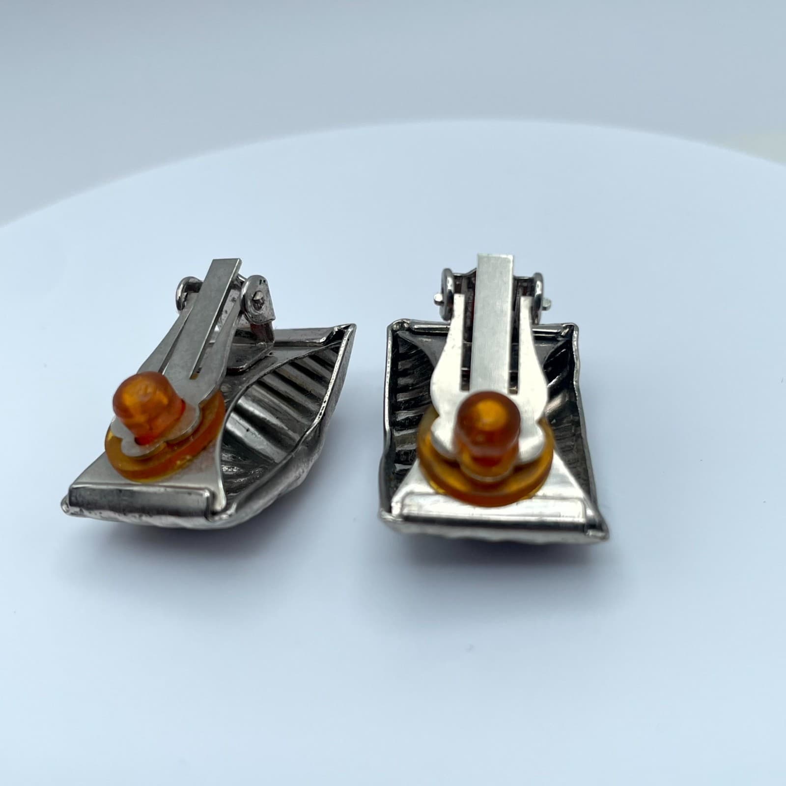 Vintage Silver-Tone Square Shaped Textured Engraved Metal Stud Clip-On Earrings - Thumbnail 5