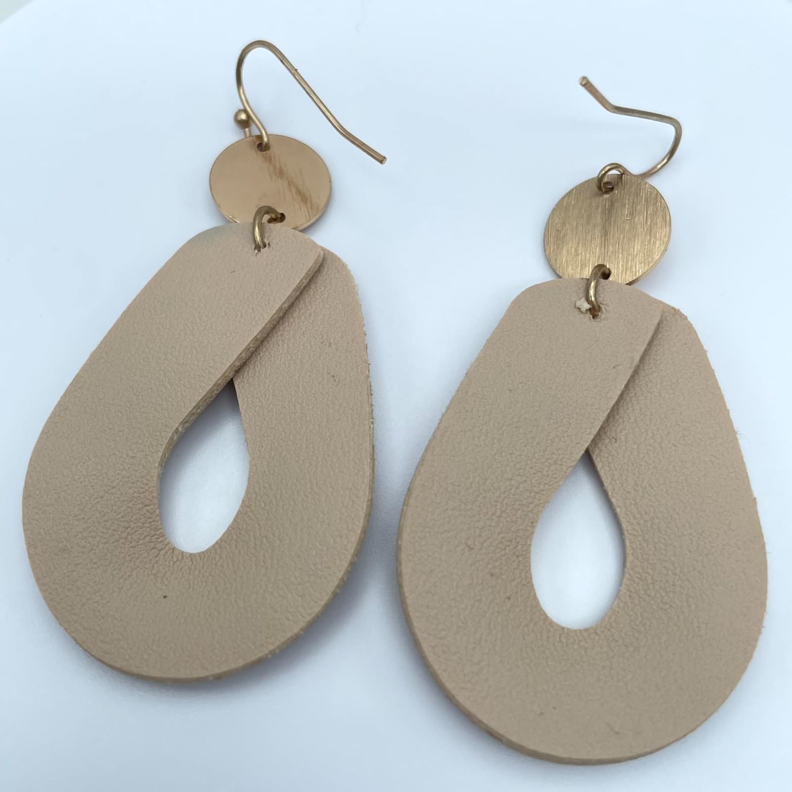 Boho-Chic Gold-Tone Polka Dots Tan Leather Teardrop Dangle French Hook Earrings - Thumbnail 3