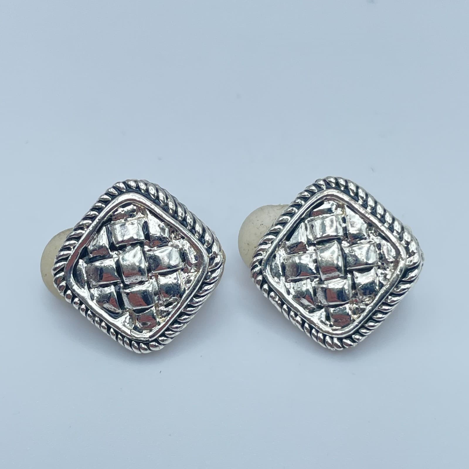 Vintage 90s Silver Tone Square Textured Basketweave Earrings Women's Jewelry - Image 1