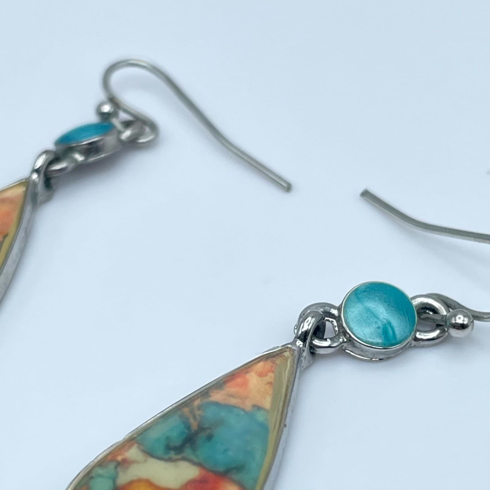 Vintage Silver-Tone Bohemian Water-Drop Harlequin Inlay Glass Dangle Earrings - Thumbnail 7