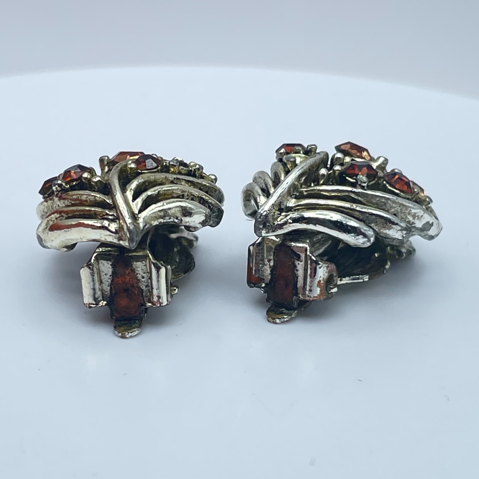 Vintage 90s Rhinestone Silver Tone Leaf Earrings Women's Classic Jewelry - Thumbnail 8