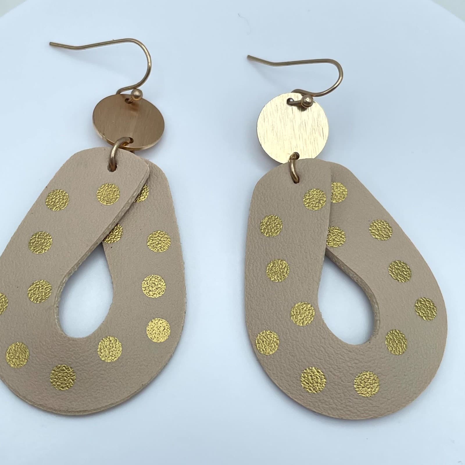 Boho-Chic Gold-Tone Polka Dots Tan Leather Teardrop Dangle French Hook Earrings - Thumbnail 5