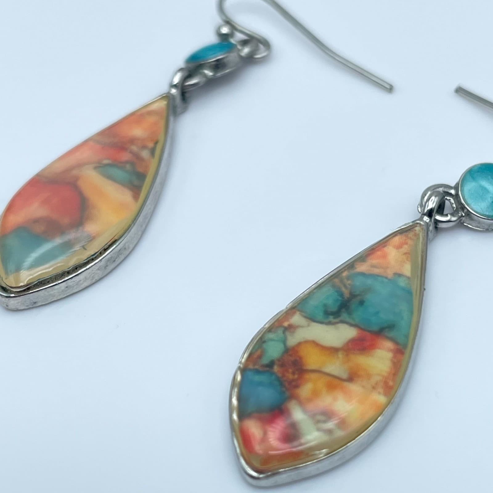 Vintage Silver-Tone Bohemian Water-Drop Harlequin Inlay Glass Dangle Earrings - Thumbnail 5