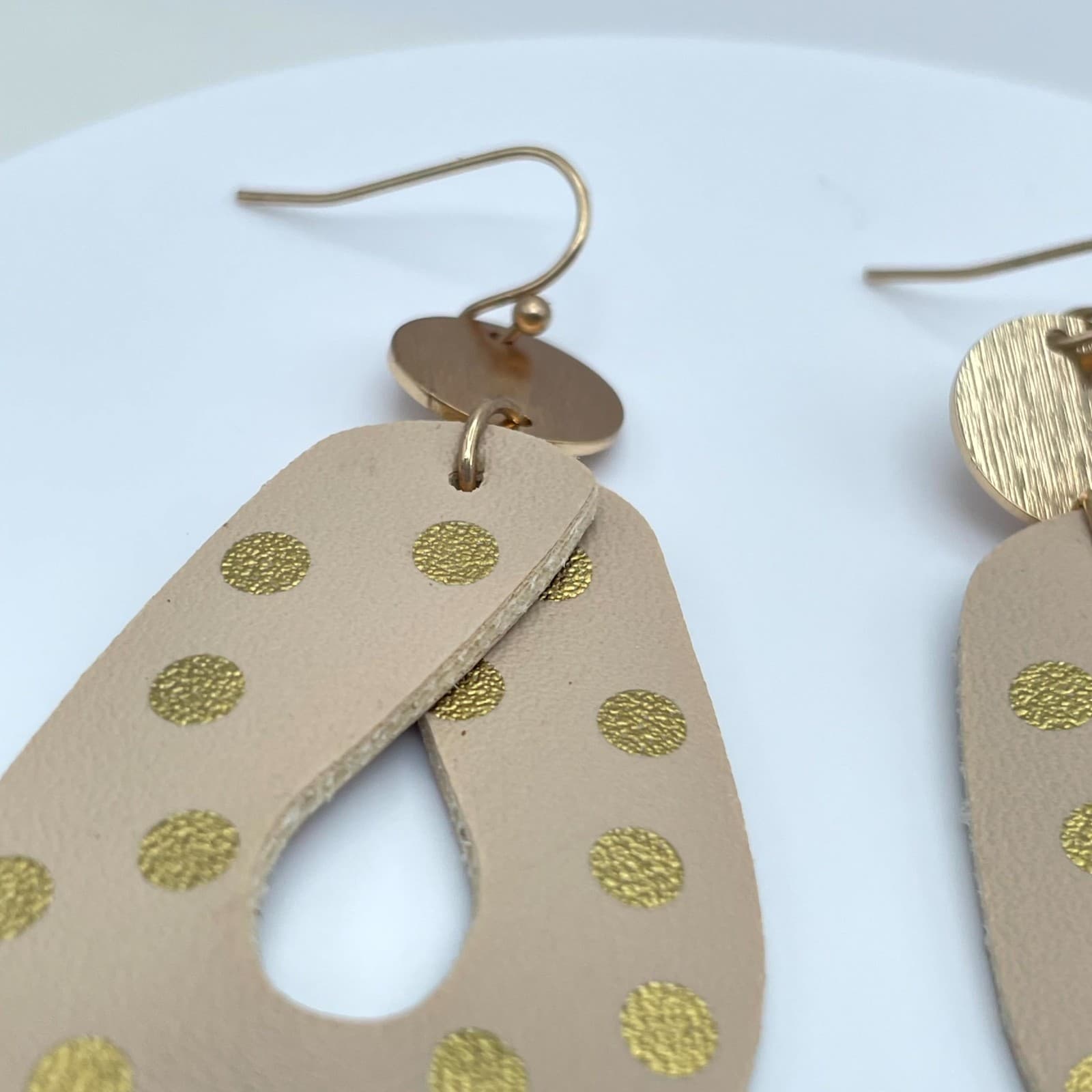 Boho-Chic Gold-Tone Polka Dots Tan Leather Teardrop Dangle French Hook Earrings - Thumbnail 6