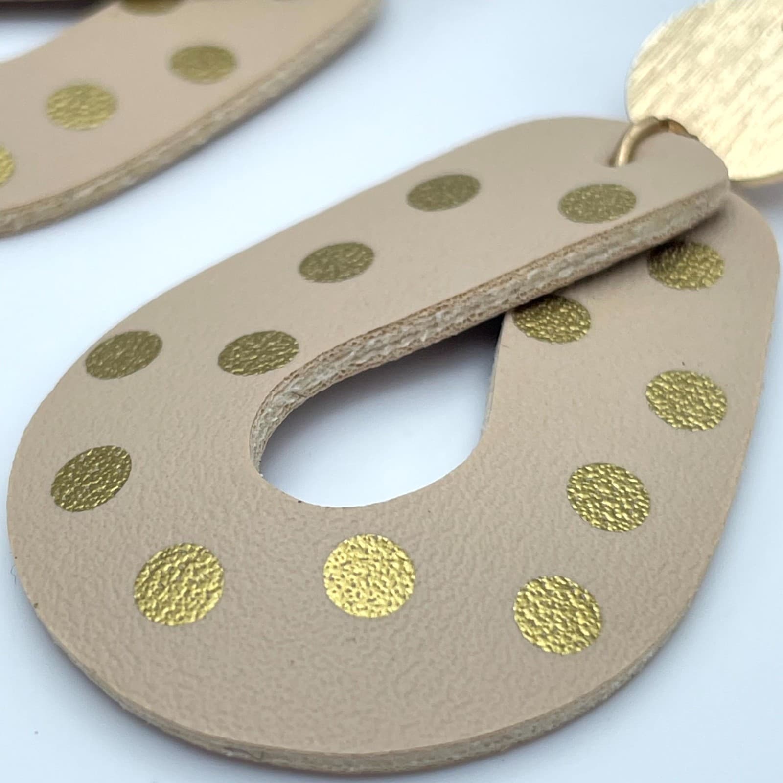 Boho-Chic Gold-Tone Polka Dots Tan Leather Teardrop Dangle French Hook Earrings - Thumbnail 11