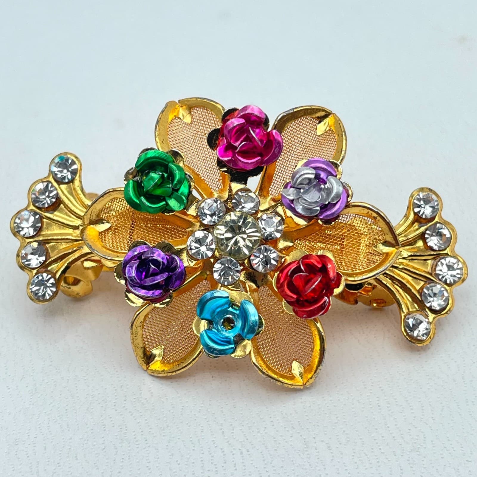 Vintage Gold-Tone Enamel Roses Rhinestone Embellished Petal Floral Hair Barrette - Image 1