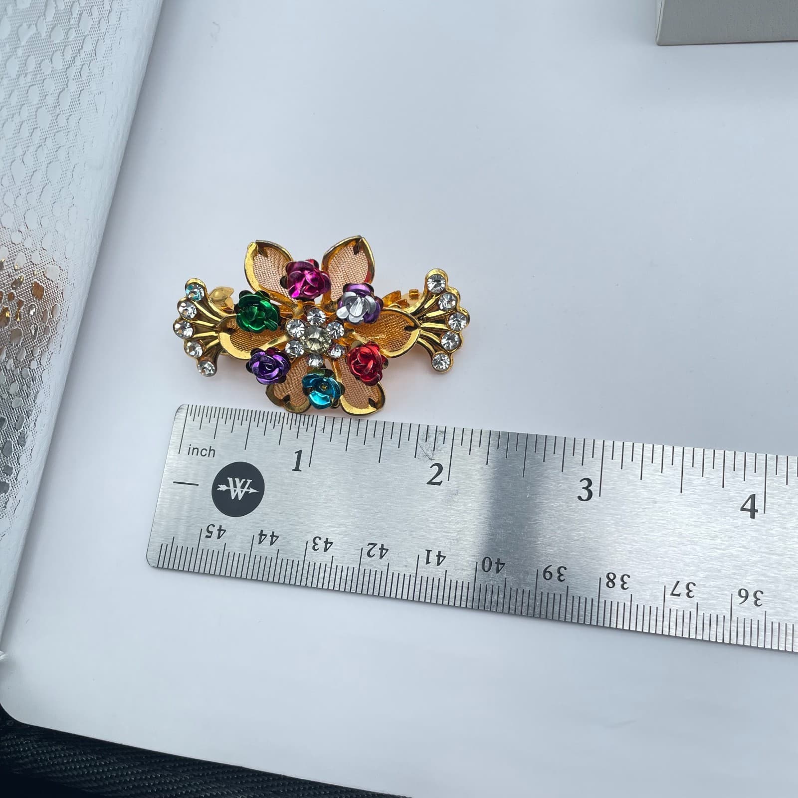 Vintage Gold-Tone Enamel Roses Rhinestone Embellished Petal Floral Hair Barrette - Thumbnail 2