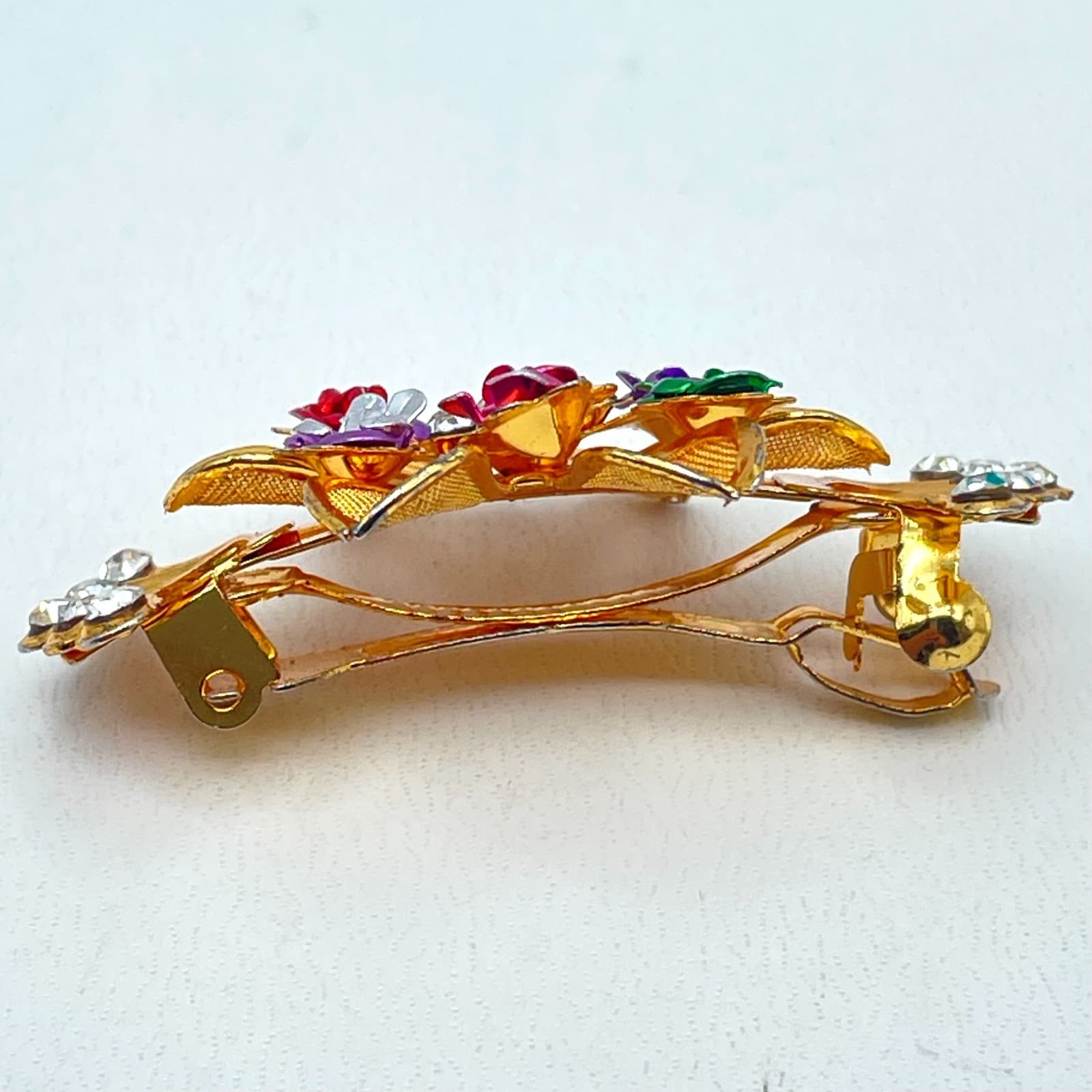 Vintage Gold-Tone Enamel Roses Rhinestone Embellished Petal Floral Hair Barrette - Thumbnail 7