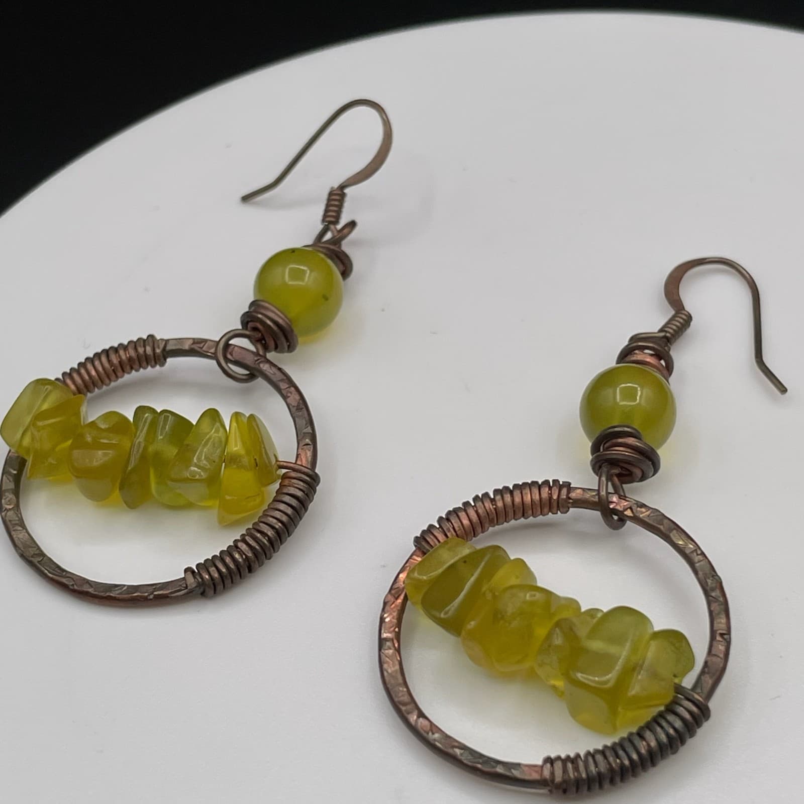 Handcrafted Yellow Chip Bead Copper Hoop Earrings Boho Artisan Style - Thumbnail 3