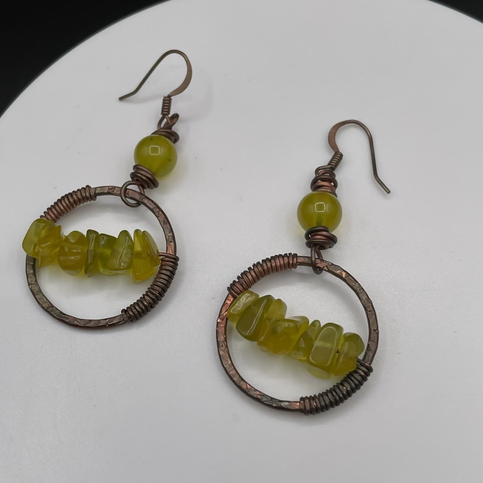 Handcrafted Yellow Chip Bead Copper Hoop Earrings Boho Artisan Style - Thumbnail 5