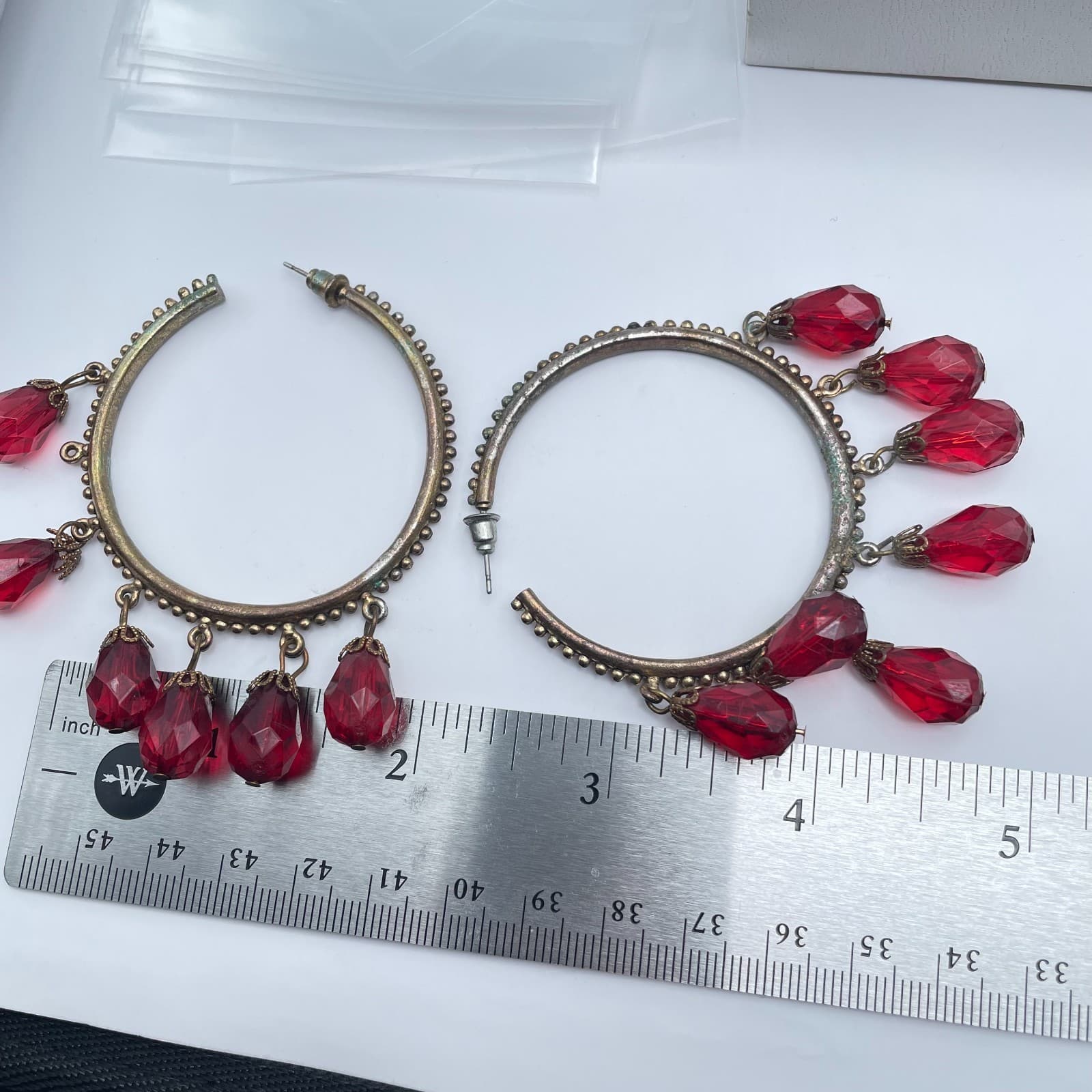Vintage Y2K Red Faceted Teardrop Beaded Silver Tone Hoop Earrings Jewelry - Thumbnail 11