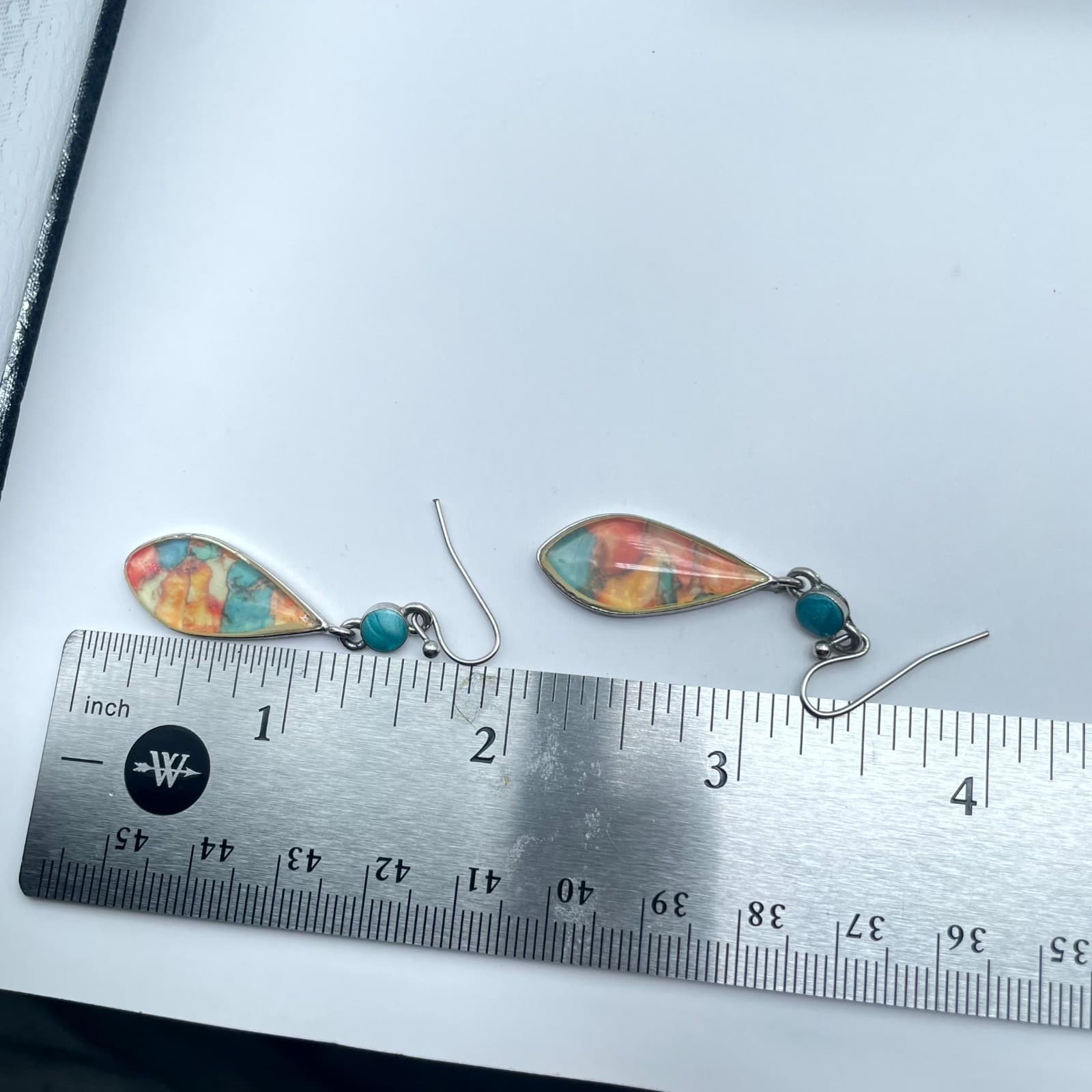 Vintage Silver-Tone Bohemian Water-Drop Harlequin Inlay Glass Dangle Earrings - Thumbnail 2