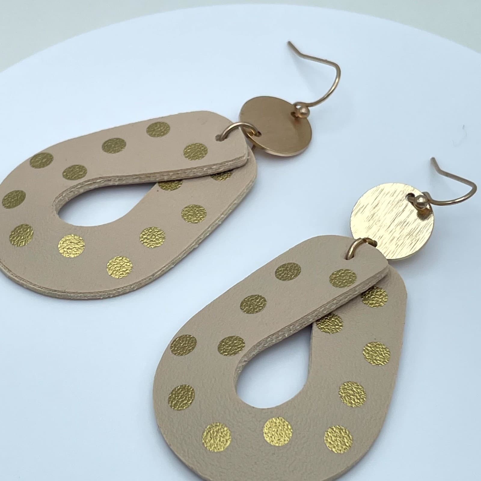 Boho-Chic Gold-Tone Polka Dots Tan Leather Teardrop Dangle French Hook Earrings - Thumbnail 10