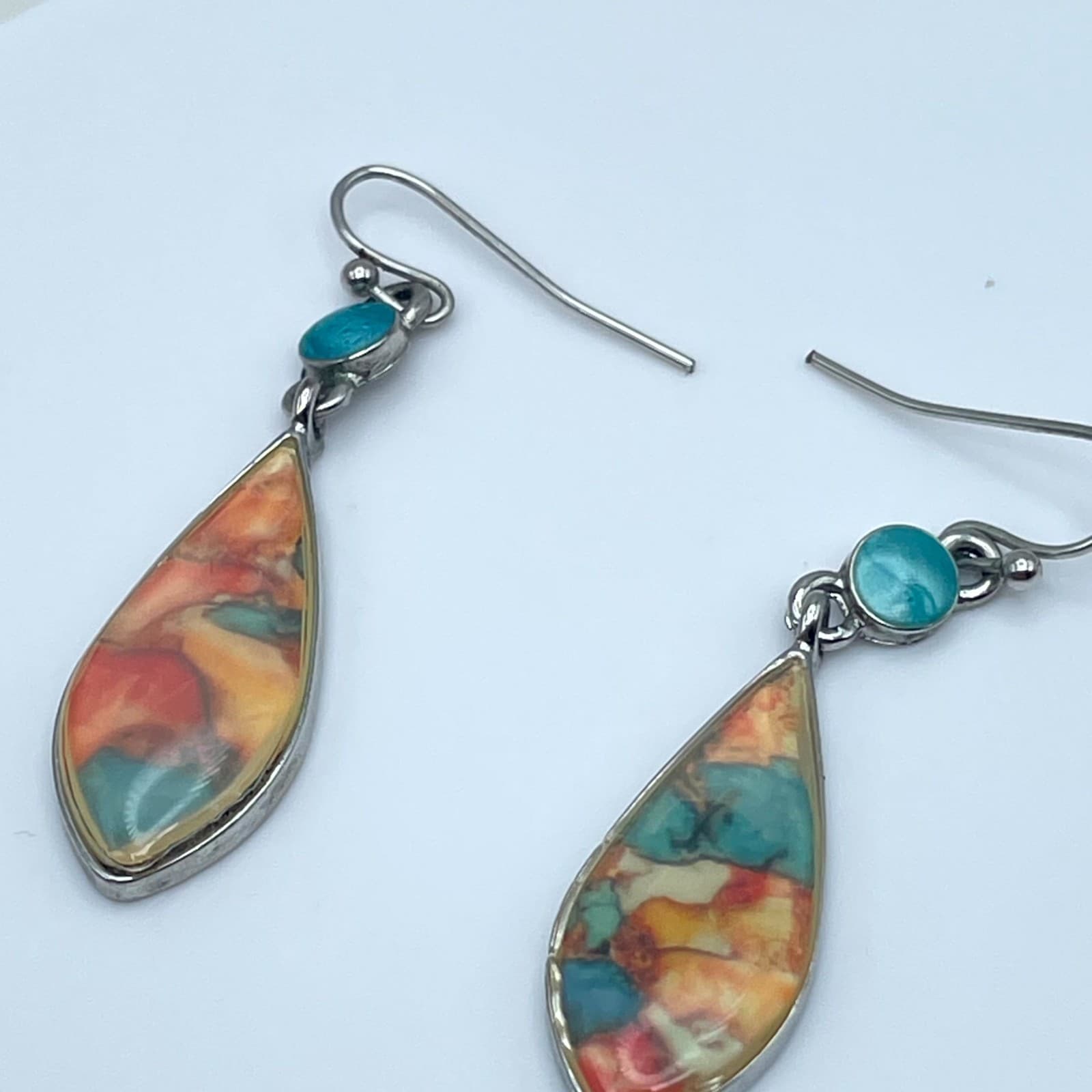 Vintage Silver-Tone Bohemian Water-Drop Harlequin Inlay Glass Dangle Earrings - Thumbnail 9