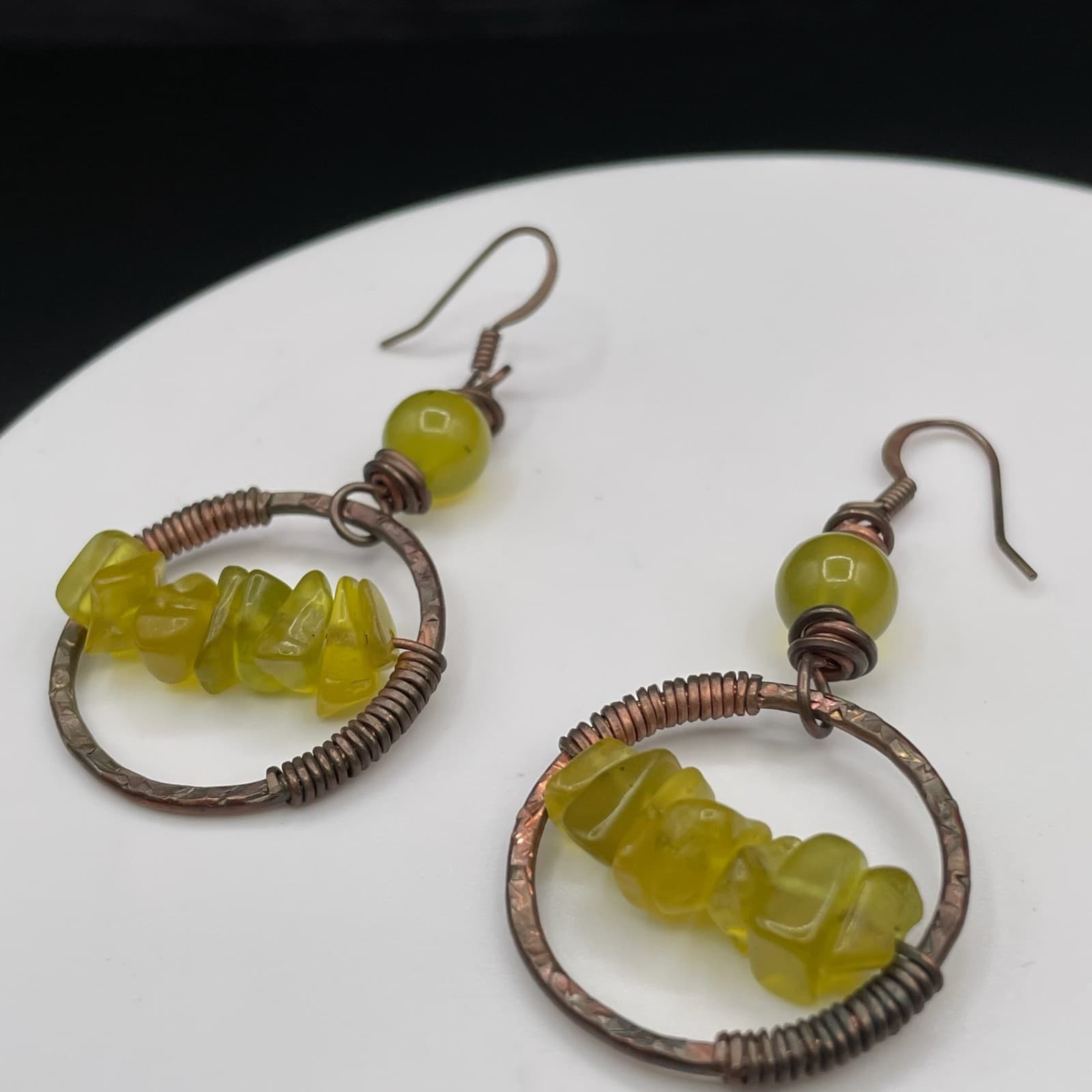 Handcrafted Yellow Chip Bead Copper Hoop Earrings Boho Artisan Style - Thumbnail 4