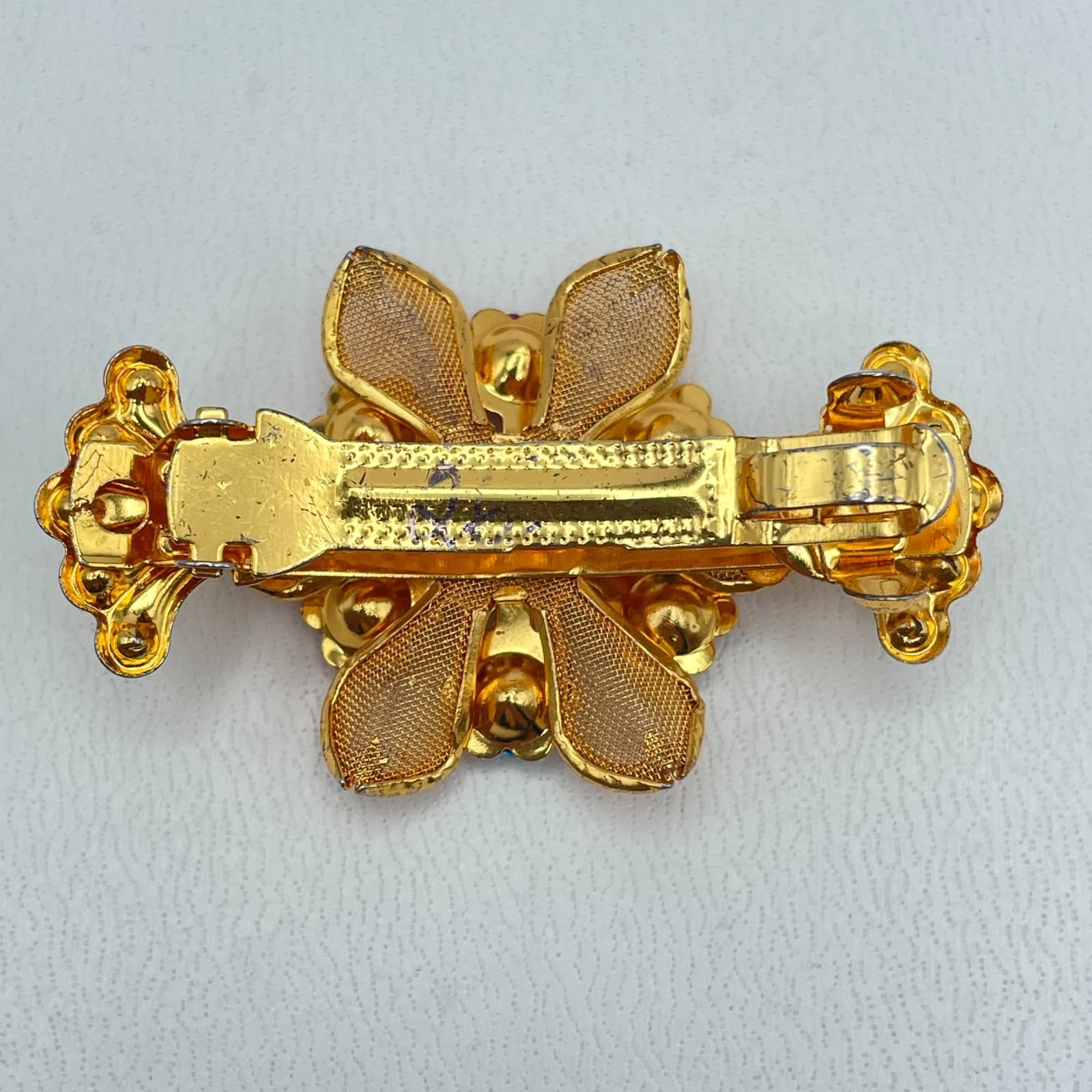 Vintage Gold-Tone Enamel Roses Rhinestone Embellished Petal Floral Hair Barrette - Thumbnail 3