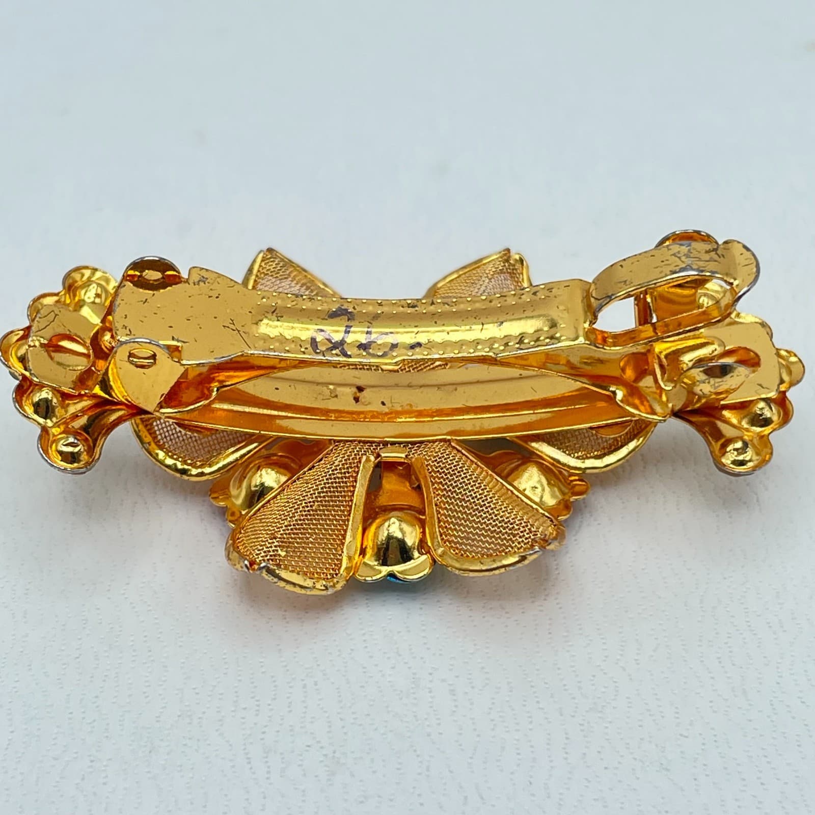 Vintage Gold-Tone Enamel Roses Rhinestone Embellished Petal Floral Hair Barrette - Thumbnail 4