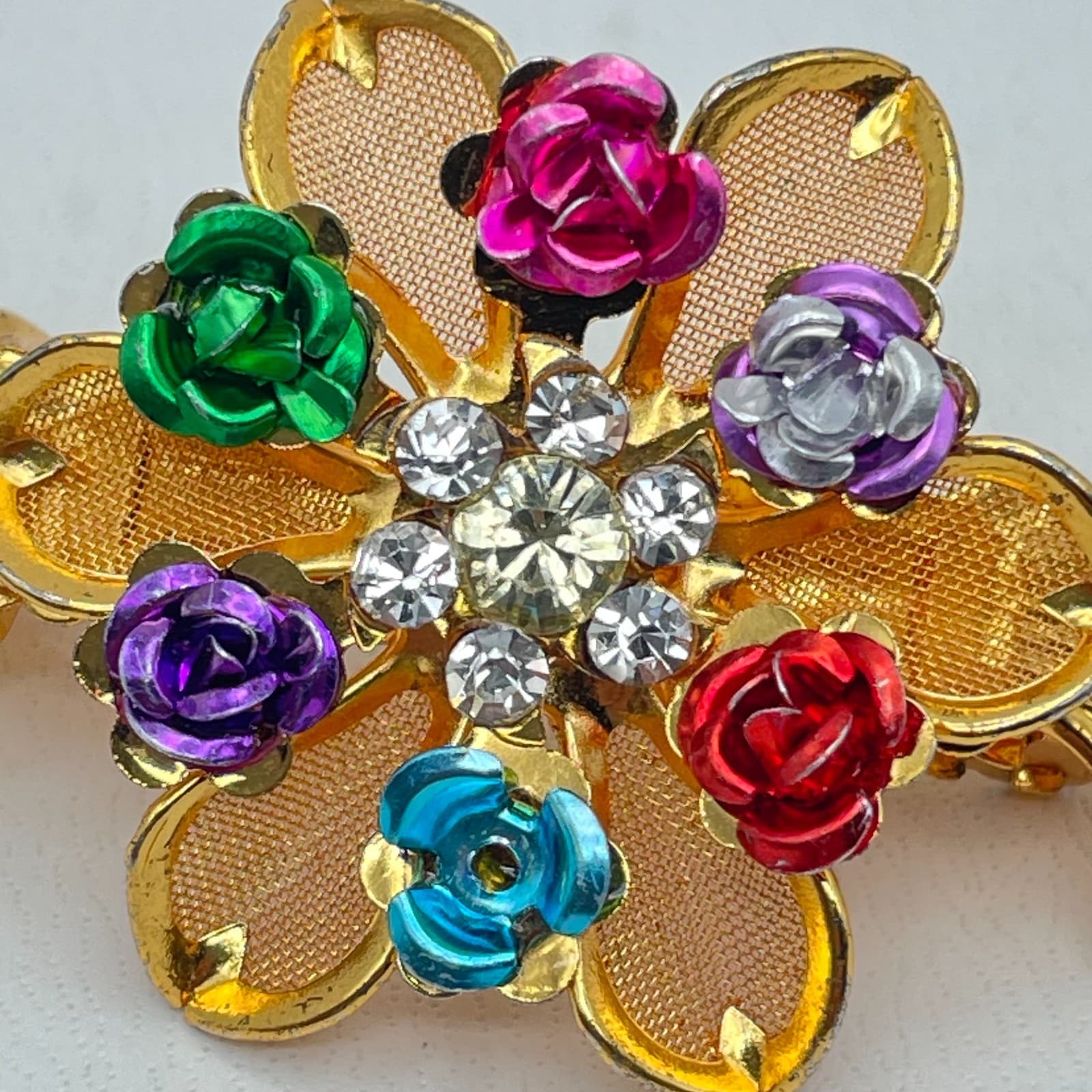 Vintage Gold-Tone Enamel Roses Rhinestone Embellished Petal Floral Hair Barrette - Thumbnail 5