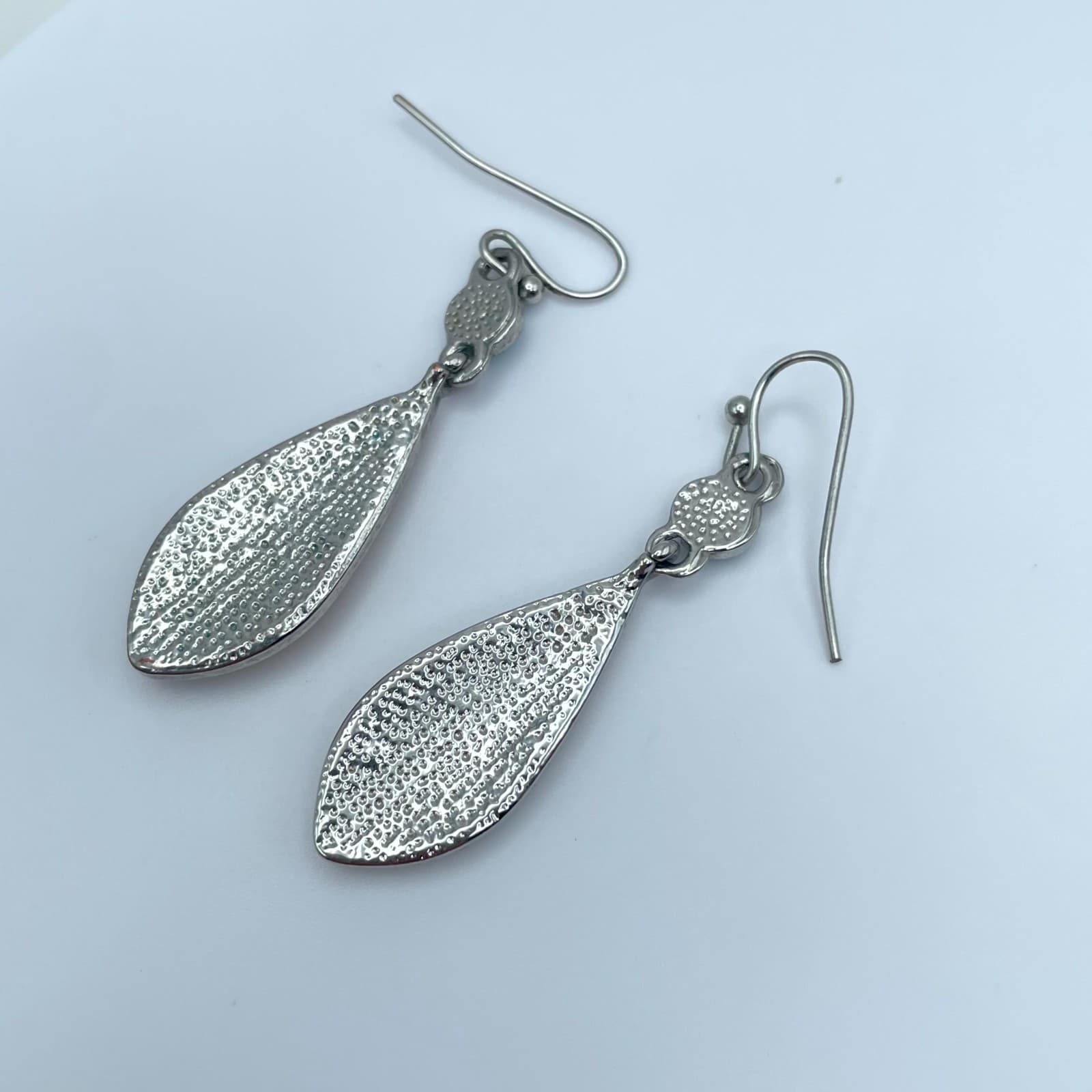 Vintage Silver-Tone Bohemian Water-Drop Harlequin Inlay Glass Dangle Earrings - Thumbnail 4