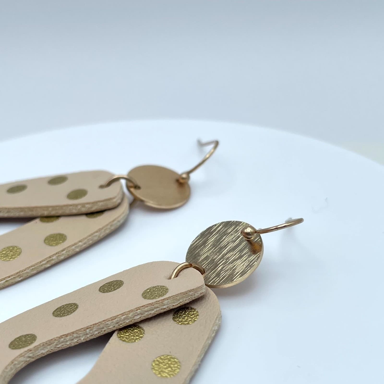 Boho-Chic Gold-Tone Polka Dots Tan Leather Teardrop Dangle French Hook Earrings - Thumbnail 9