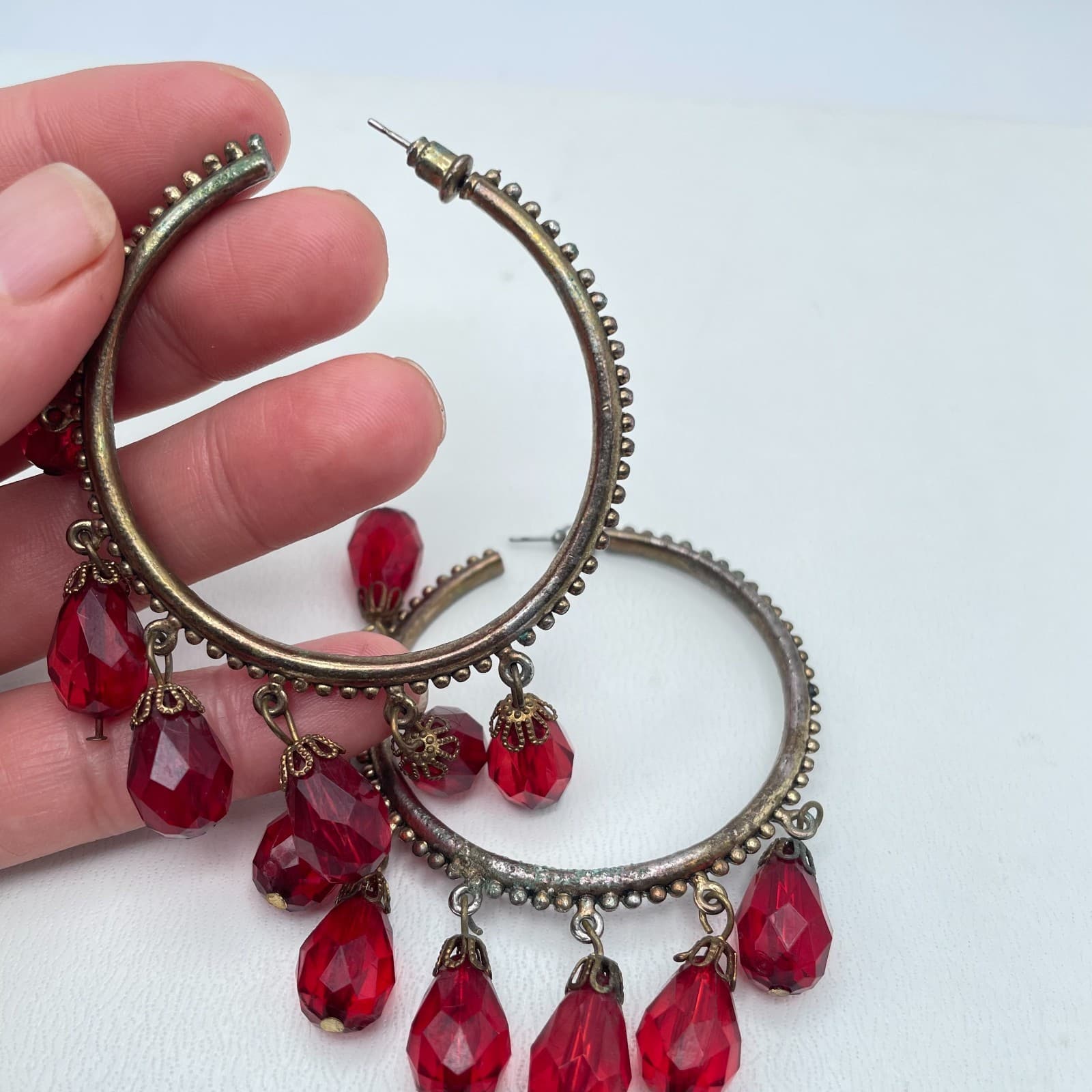 Vintage Y2K Red Faceted Teardrop Beaded Silver Tone Hoop Earrings Jewelry - Thumbnail 8