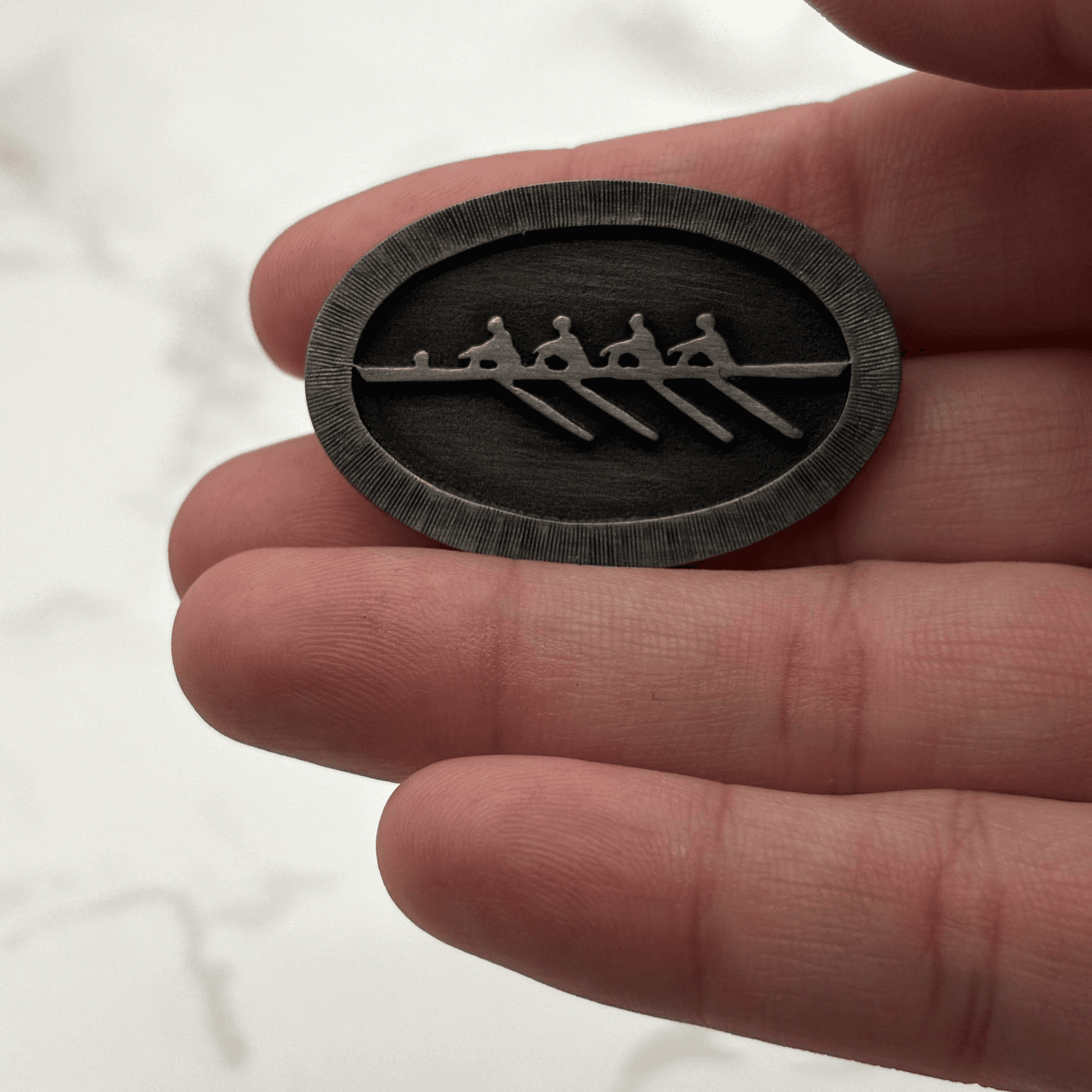 Vintage Silver Tone Rowing Crew Boat Team Medallion Pin Badge - Image 1