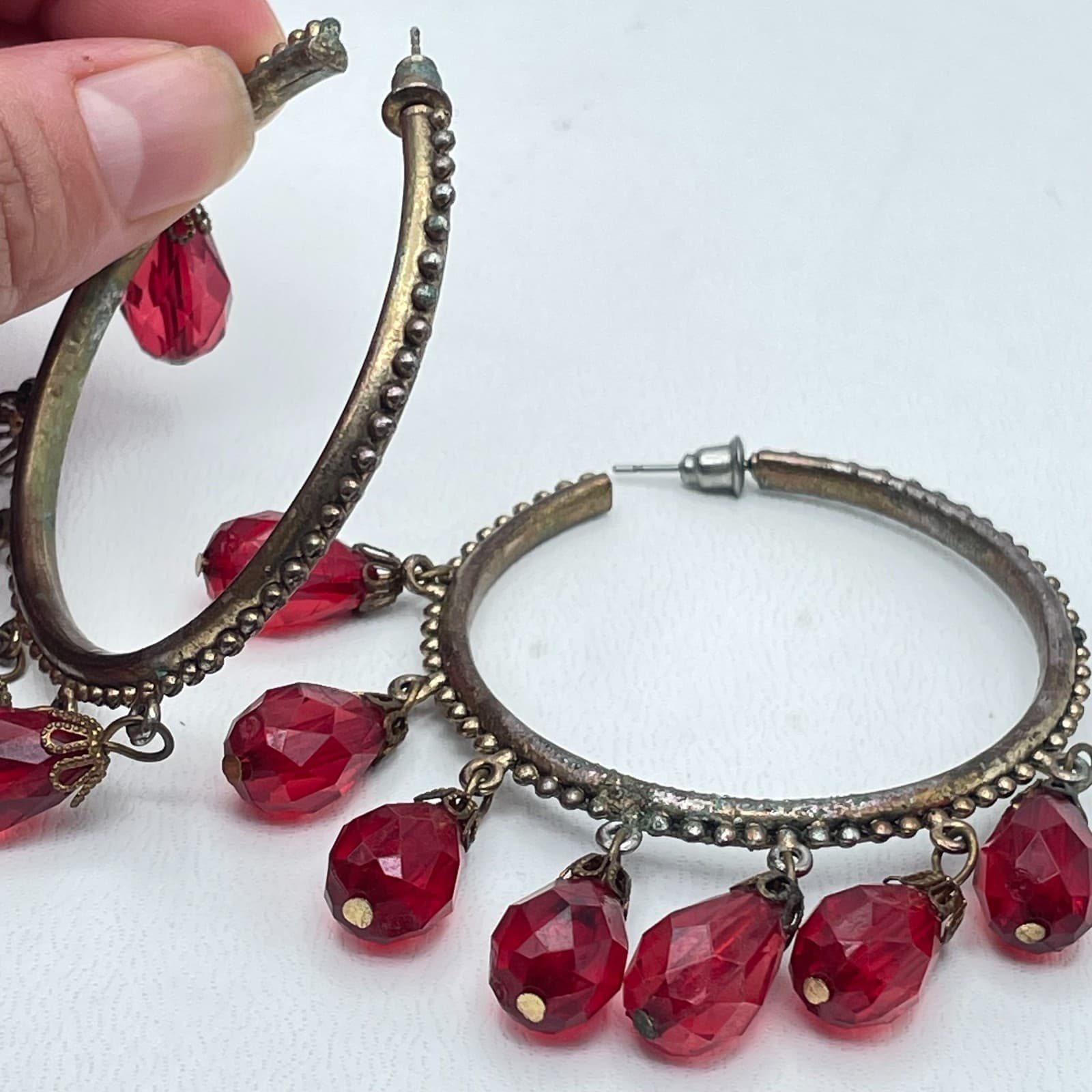 Vintage Y2K Red Faceted Teardrop Beaded Silver Tone Hoop Earrings Jewelry - Thumbnail 7