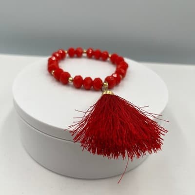 Vintage Red Faceted Beaded Stretch Bracelet Gold Tone Accents & Tassel Charm - Thumbnail 2
