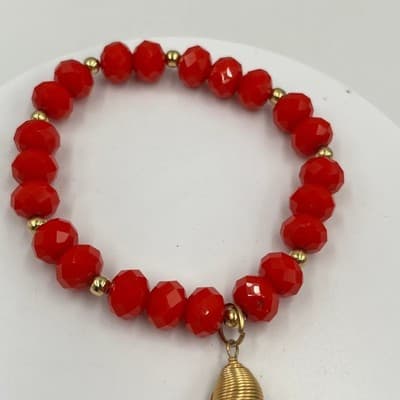 Vintage Red Faceted Beaded Stretch Bracelet Gold Tone Accents & Tassel Charm - Thumbnail 3