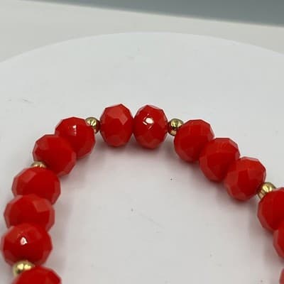 Vintage Red Faceted Beaded Stretch Bracelet Gold Tone Accents & Tassel Charm - Thumbnail 5