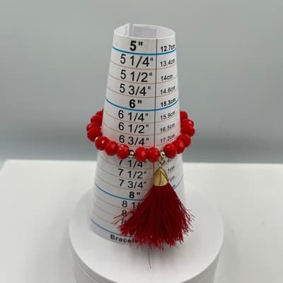 Vintage Red Faceted Beaded Stretch Bracelet Gold Tone Accents & Tassel Charm - Thumbnail 8