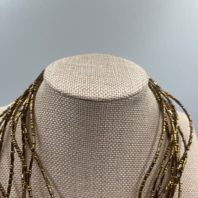 Vintage Gold Tone Multi Strand Seed Beaded Necklace Layered Fringe Statement - Thumbnail 2