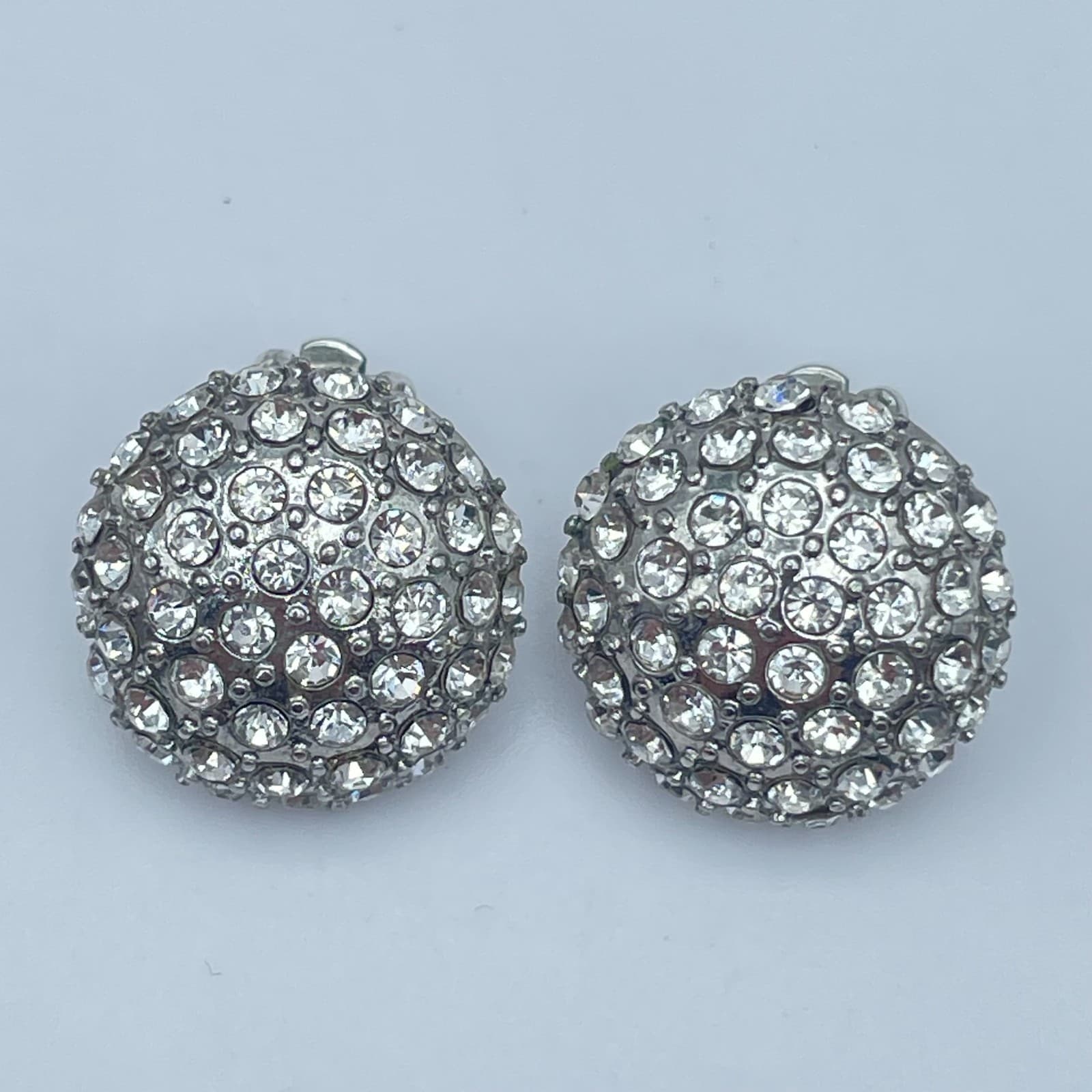 Vintage Y2K Silver Tone Clear Rhinestone Dome Earrings Statement Women's Jewelry - Image 1