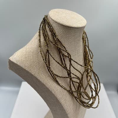 Vintage Gold Tone Multi Strand Seed Beaded Necklace Layered Fringe Statement - Thumbnail 4