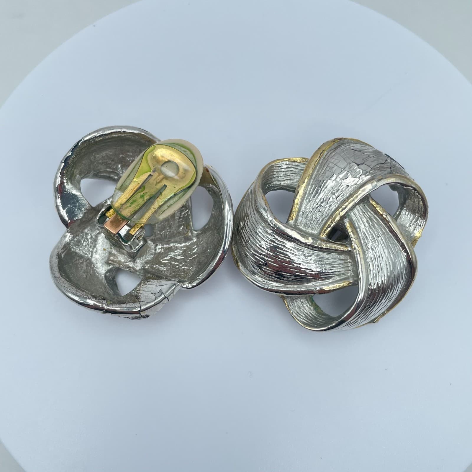 Vintage 90s Silver Tone Knot Textured Earrings Statement Women's Classic Jewelry - Thumbnail 2