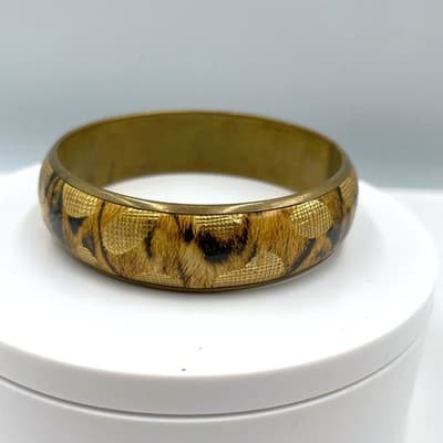 Vintage Gold Tone Leopard Print Bangle Bracelet Wide Resin Statement Classic - Image 1
