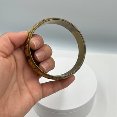 Vintage Gold Tone Leopard Print Bangle Bracelet Wide Resin Statement Classic - Thumbnail 3