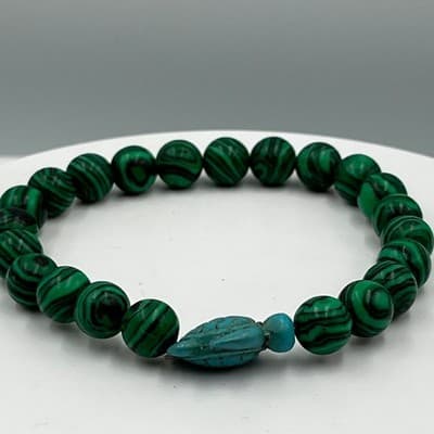 Vintage Green Striped Beads Stretch Bracelet with Turquoise Turtle Charm Classic - Thumbnail 4