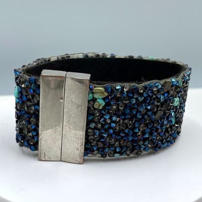 Vintage Wide Cuff Bracelet Iridescent Crystal Studded Gunmetal Turquoise Accent - Image 1