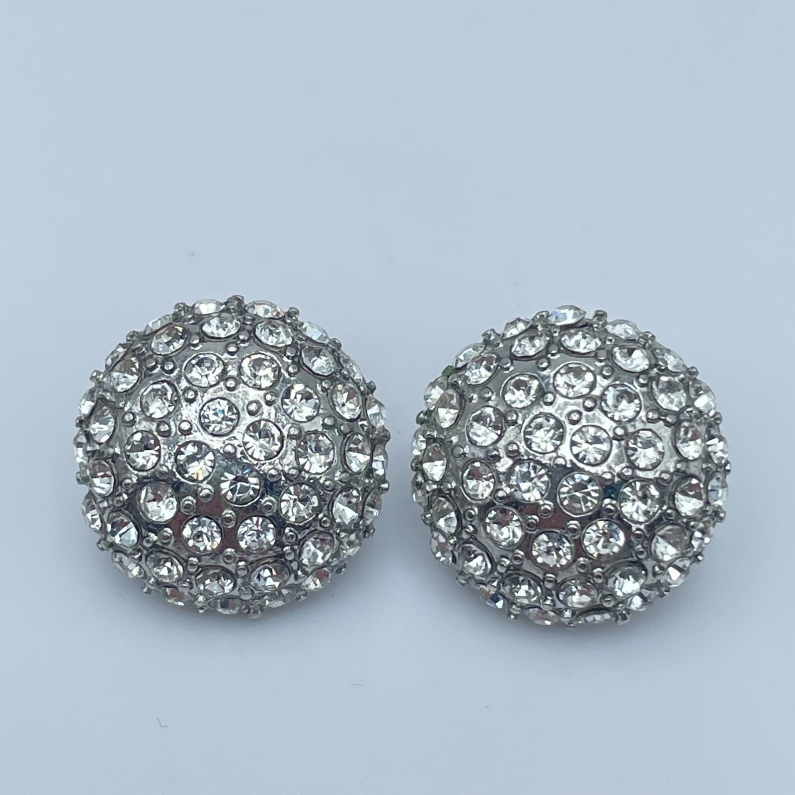 Vintage Y2K Silver Tone Clear Rhinestone Dome Earrings Statement Women's Jewelry - Thumbnail 2