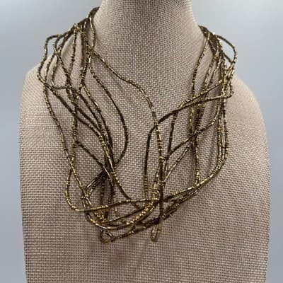 Vintage Gold Tone Multi Strand Seed Beaded Necklace Layered Fringe Statement - Thumbnail 3