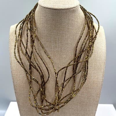 Vintage Gold Tone Multi Strand Seed Beaded Necklace Layered Fringe Statement - Image 1