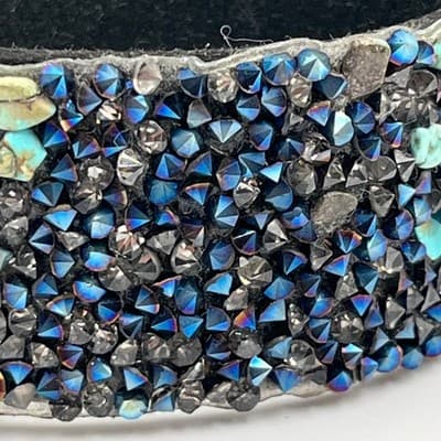 Vintage Wide Cuff Bracelet Iridescent Crystal Studded Gunmetal Turquoise Accent - Thumbnail 4