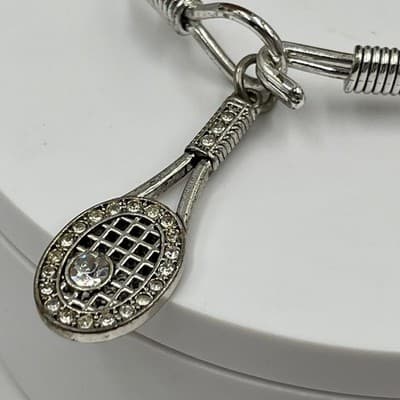 Vintage Silver Tone Sporty Tennis Racket Charm Bangle Bracelet Rhinestone Hook - Thumbnail 4