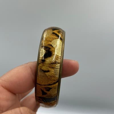 Vintage Gold Tone Leopard Print Bangle Bracelet Wide Resin Statement Classic - Thumbnail 5