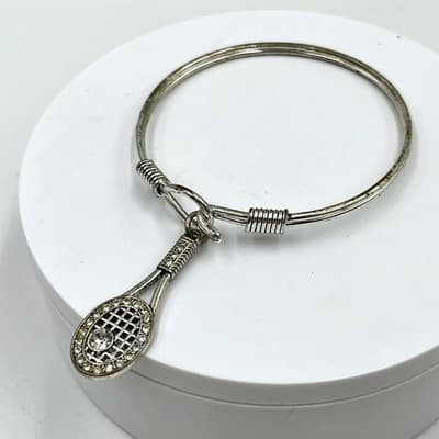 Vintage Silver Tone Sporty Tennis Racket Charm Bangle Bracelet Rhinestone Hook - Image 1